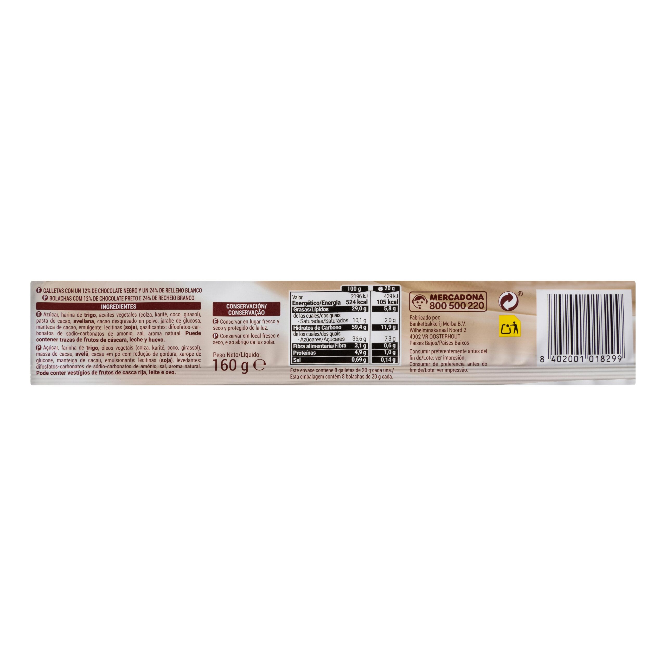 Etiqueta Galletas Cream Cookies Hacendado 12% de chocolate negro y 24% relleno de chocolate blanco